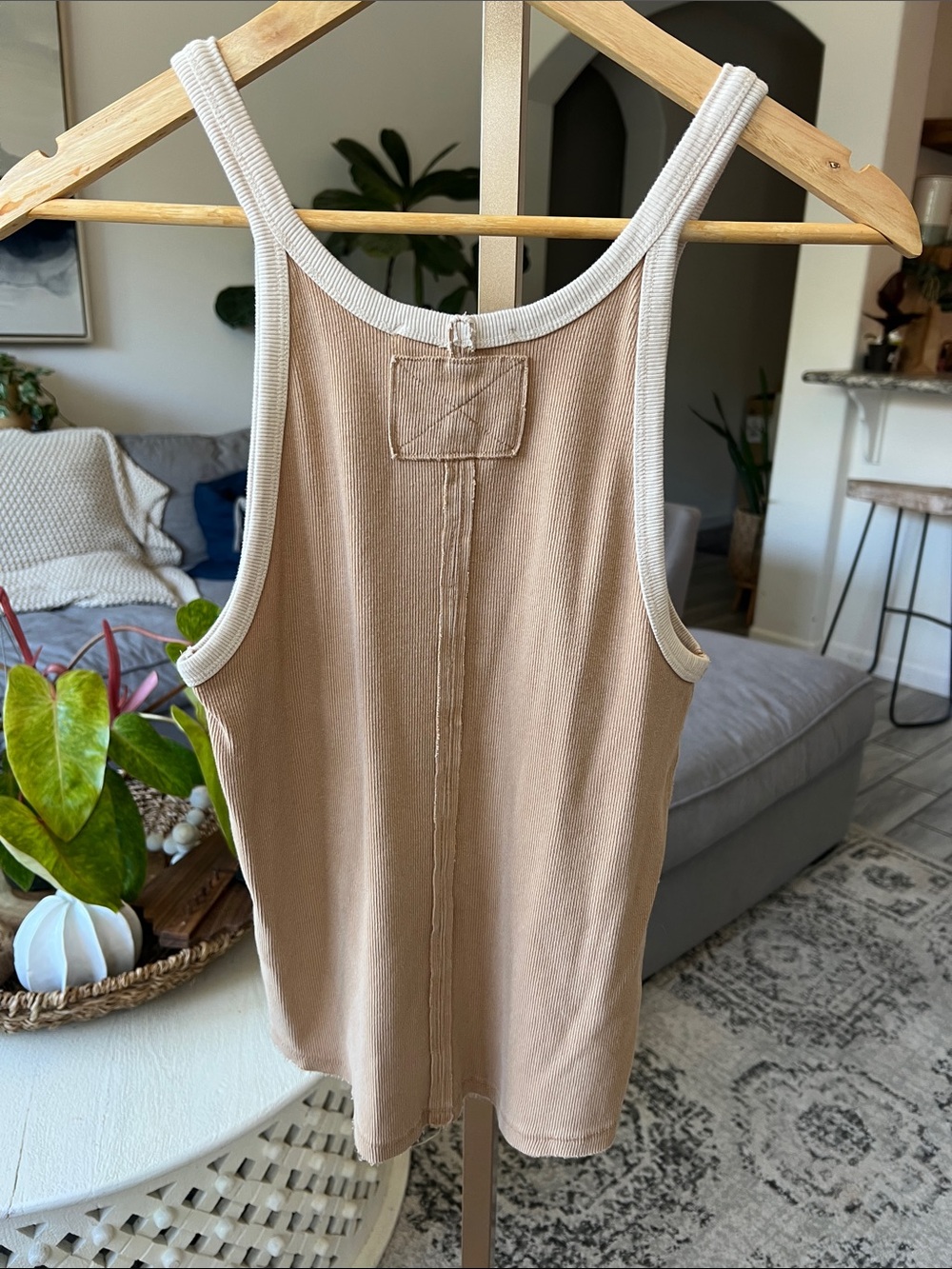 We The Free Tan Ribbed Tank with Cream Trim Accents - Picture 3 of 3